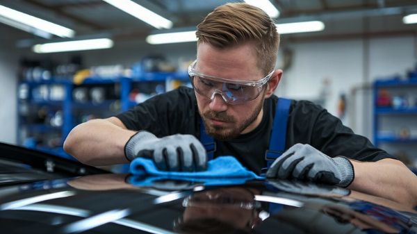auto body technician detailing repaired vehicle collision repair process detailer working