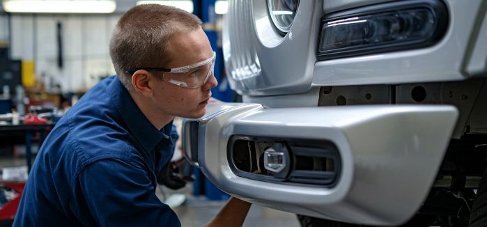 auto body technician working on a bumper – Allard Collision Repair Mesa auto body technician working on a bumper - Allard Collision Repair Mesa