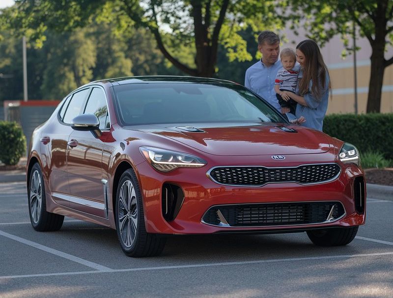 Red Kia with customers standing Allard Collision Kia Certified Collision Repair (1) Red-Kia-with-customers-standing-Allard-Collision-Kia-Certified-Collision-Repair