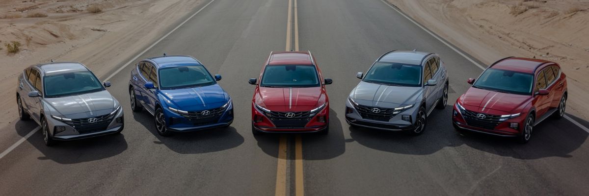 lineup of five-hyundai-cars on desert highway Hyundai Certified Collision Repair Allard lineup-of-five-hyundai-cars-on-desert-highway-Hyundai-Certified-Collision-Repair-Allard