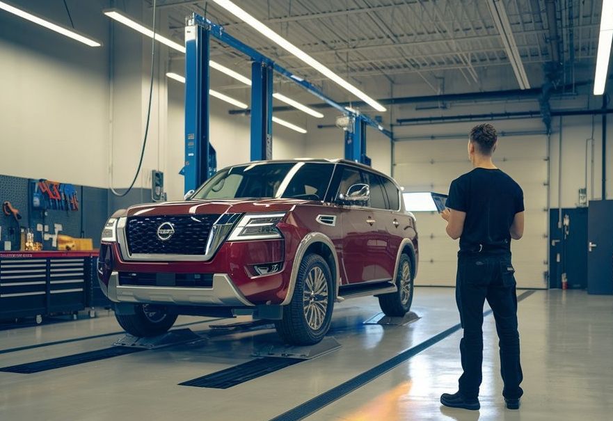 red nissan suv in body shop with technician choose Allard Collision Nissan Certified red-nissan-suv-in-body-shop-with-technician-choose-Allard-Collision-Nissan-Certified